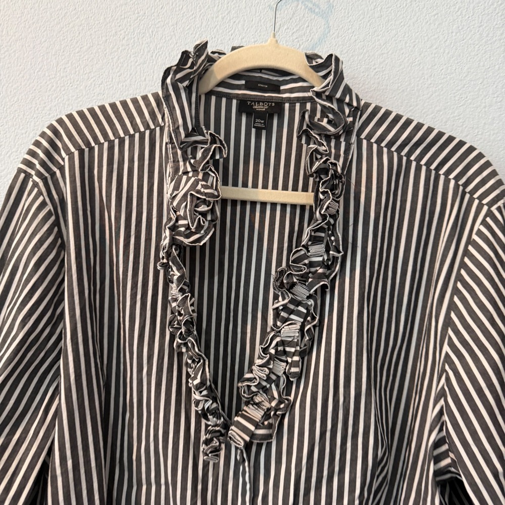 Talbots Cotton Striped Ruffle Neck Button Down Shirt Gray Career Office Work 20W - Picture 2 of 11